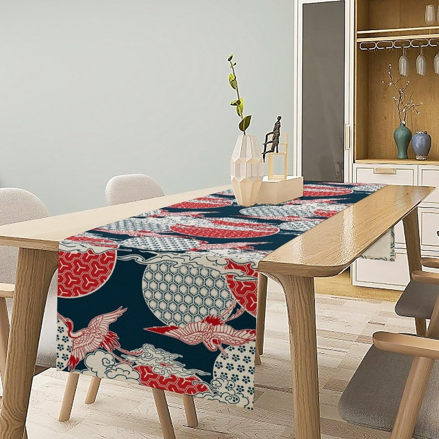 Chinese Crane Table Runner, Luxury Asian Style Oriental Line Geometry Wave Traditional Elements Blue White Table Runner for Kitchen Home Party Dinner Set, 13x120 Inch