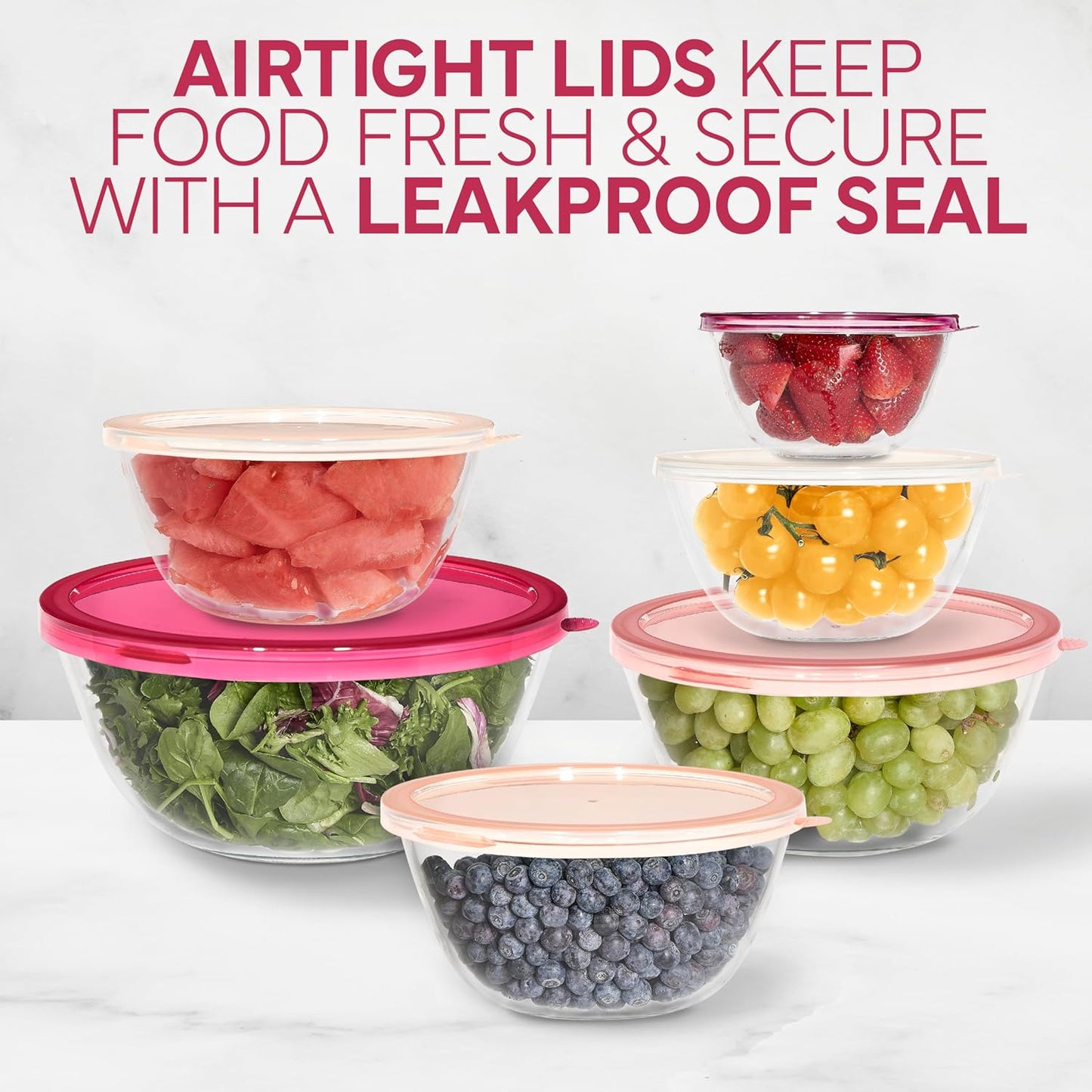 COOK WITH COLOR 12 Pc Glass Mixing Bowl Set with Lids – Borosilicate Glass Nesting Bowls for Cooking, Baking and Meal Prep, Rose