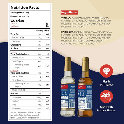 Torani Syrups, Hazelnut and Vanilla Syrup Variety 2-Pack, Coffee Syrups for Drinks, Pumps Included, 25.4 Fl Oz Ea