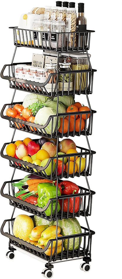MURRI&MURRDI Fruit Vegetable Storage Baskets with Wheels, 6 Tier Stackable Wire Storage Baskets, Tall Standing Produce Kitchen Rack, Narrow Rolling Cart for Pantry Snack Onion Potato, Black