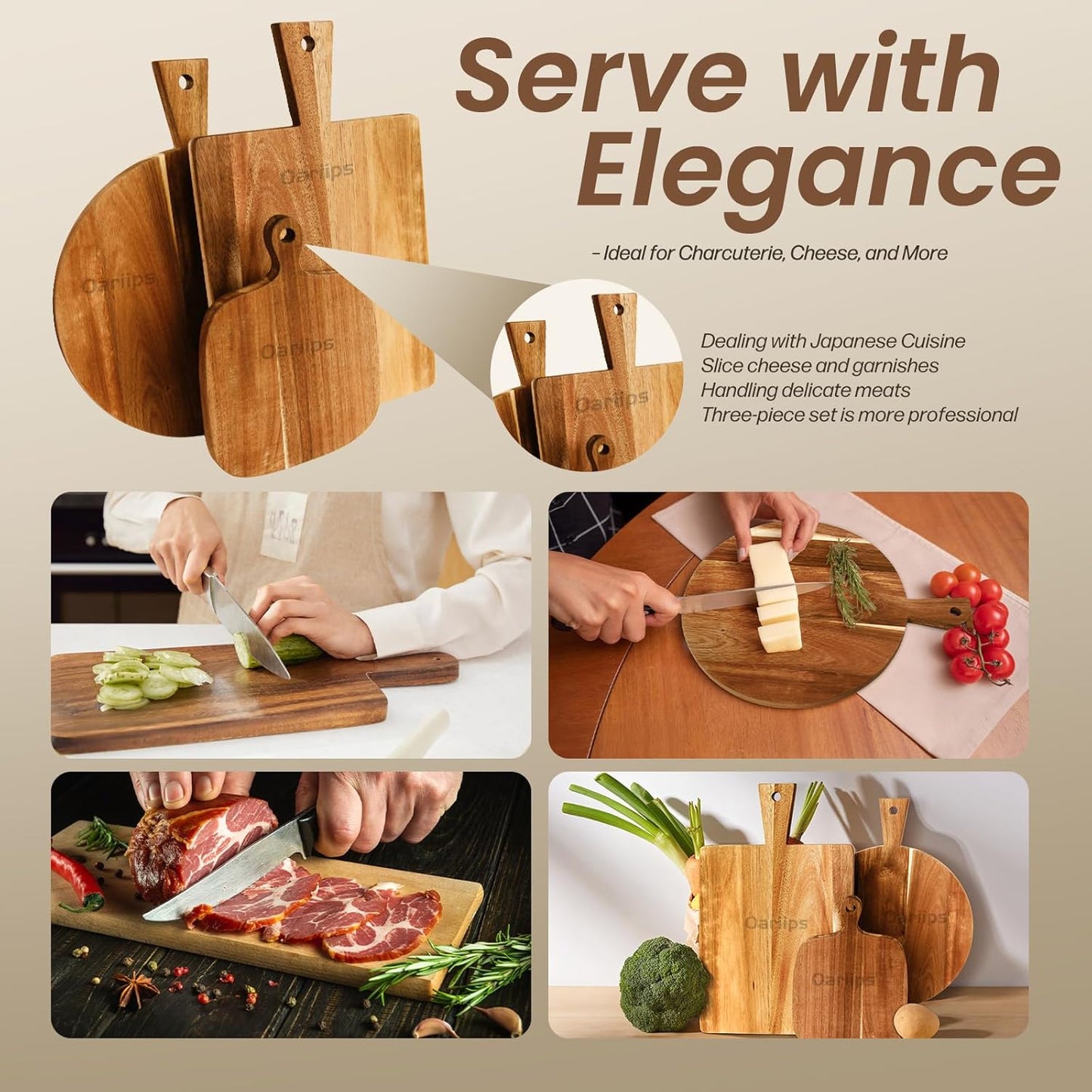 Acacia Wood Cutting Board 3 Pack with Handles, Wooden Charcuterie Boards Set for Kitchen - Round, Rectangular, and Small Paddle Serving Trays for Cheese, Meat, Pizza, Bread, and Fruits