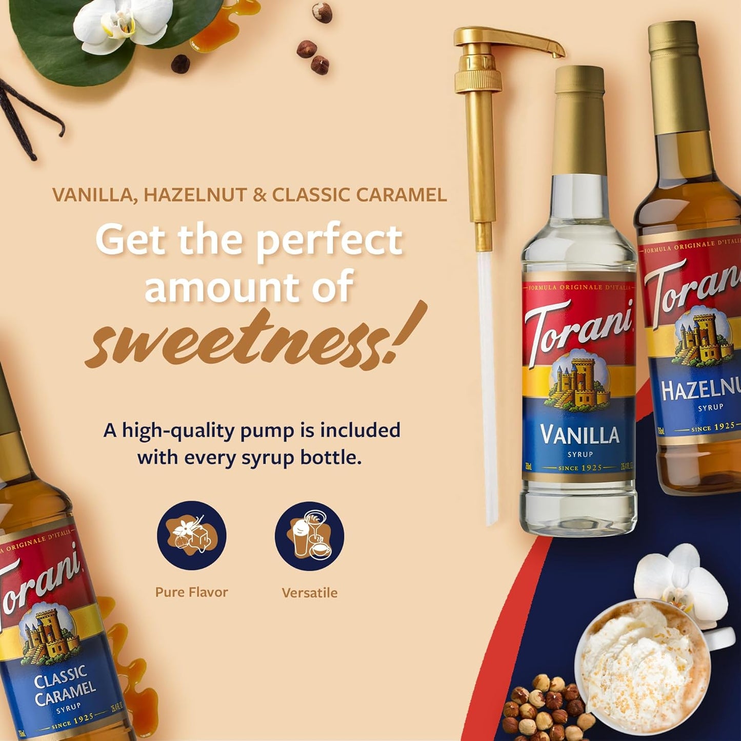 Torani Syrups, Classic Caramel, Hazelnut, and Vanilla Syrup Variety 3-Pack, Coffee Syrups for Drinks, Pumps Included, 25.4 Fl Oz Ea