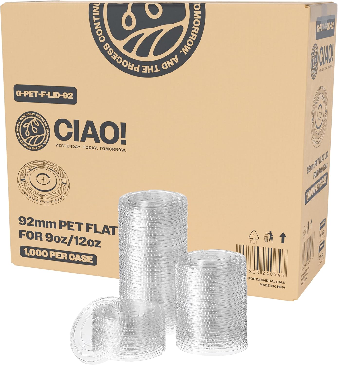 CIAO! PET Flat Lid with Straw Slot, Designed and Fit for 9OZ/12OZ PET Cold Drink Cups Only, 92mm (Case of 1,000)