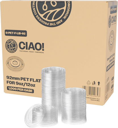 CIAO! PET Flat Lid with Straw Slot, Designed and Fit for 9OZ/12OZ PET Cold Drink Cups Only, 92mm (Case of 1,000)