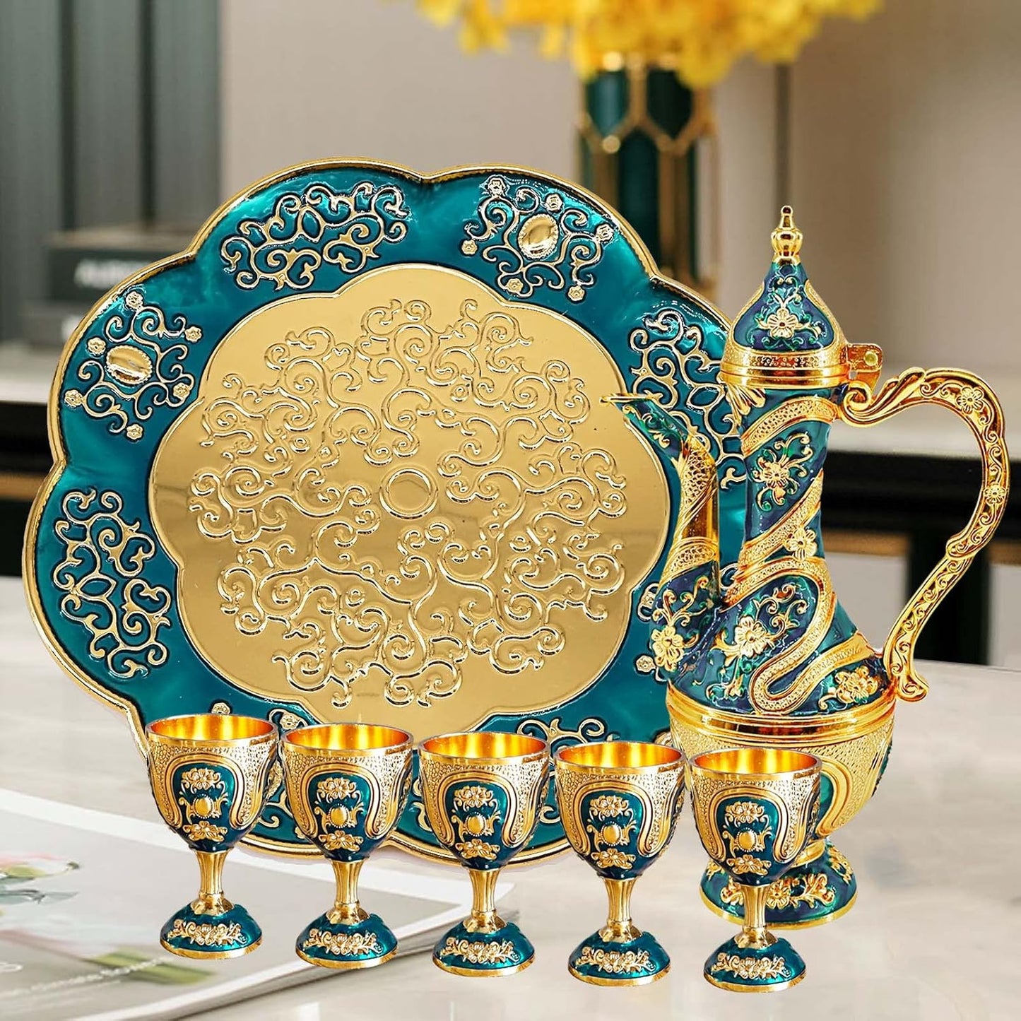 Vintage Turkish Coffee Pot and Cups Set,Tea Service Set Including Teapot,Tea Tray and Metal Cups for Wine Cabinet Decor,Wedding Ornaments (Gold and Blue)