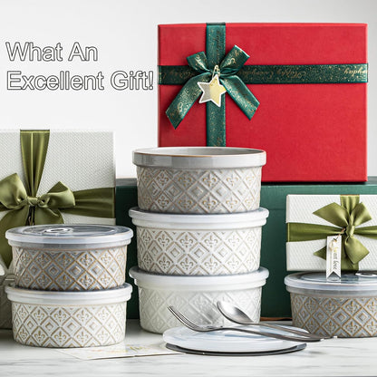 Airtight Food Storage Containers with Lids Mixing Bowls Set, Ceramic Serving Bowls with Lids Set of 4, 12/16/28/40 oz Stackable Nesting Salad Bowls for Cooking, Baking, Ramen - Beige