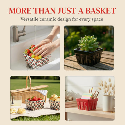 BIEN BEAU Ceramic Berry Basket -Checkered black and White with red Cherries pattern-Colander -Modern Kitchen Decor Fruit Bowls - Checkerboard Fruit Baskets, Farmer's Market Harvest Bowls Set of 4