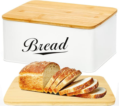 RoyalHouse Modern Metal Bread Box with Bamboo Cutting Board Lid, Bread Storage Container for Kitchen Counter, Vintage Kitchen Decor Organizer