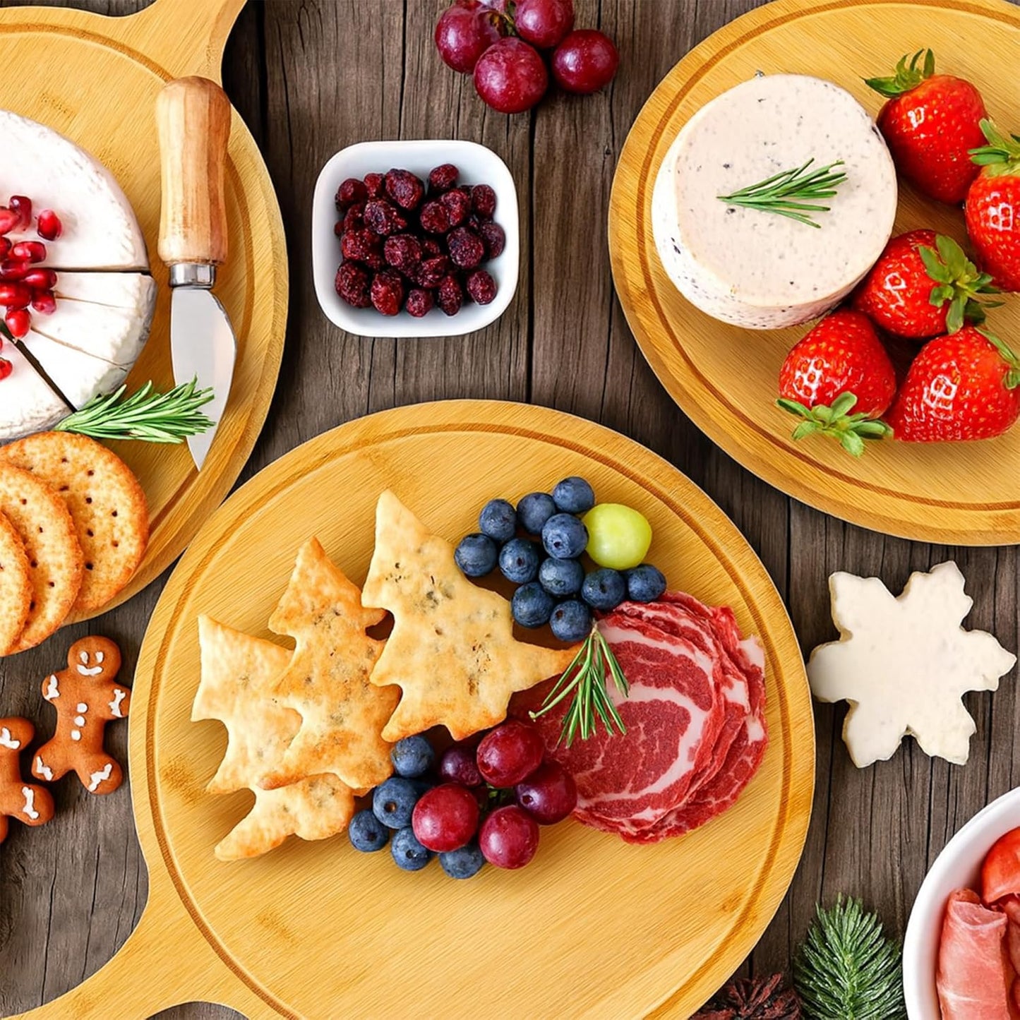 10 Pcs 15.4 x 11.4 Inch Wood Round Cutting Boards with Handle for Kitchen Serving and Food Preparation Featuring Use for Pizza Bread Cheese Charcuterie Vegetables (Bamboo)