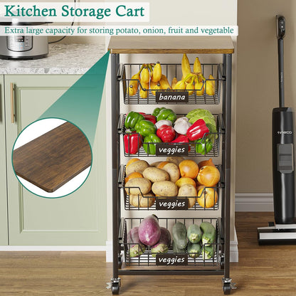 Kitchen Storage Cart with Wheels, 5-Tier Metal Utility Rolling Cart Fruit Vegetable Storage Basket Pantry Rack with Wood Top & Pull Out Baskets for Kitchen, Livingroom, Diningroom, Office