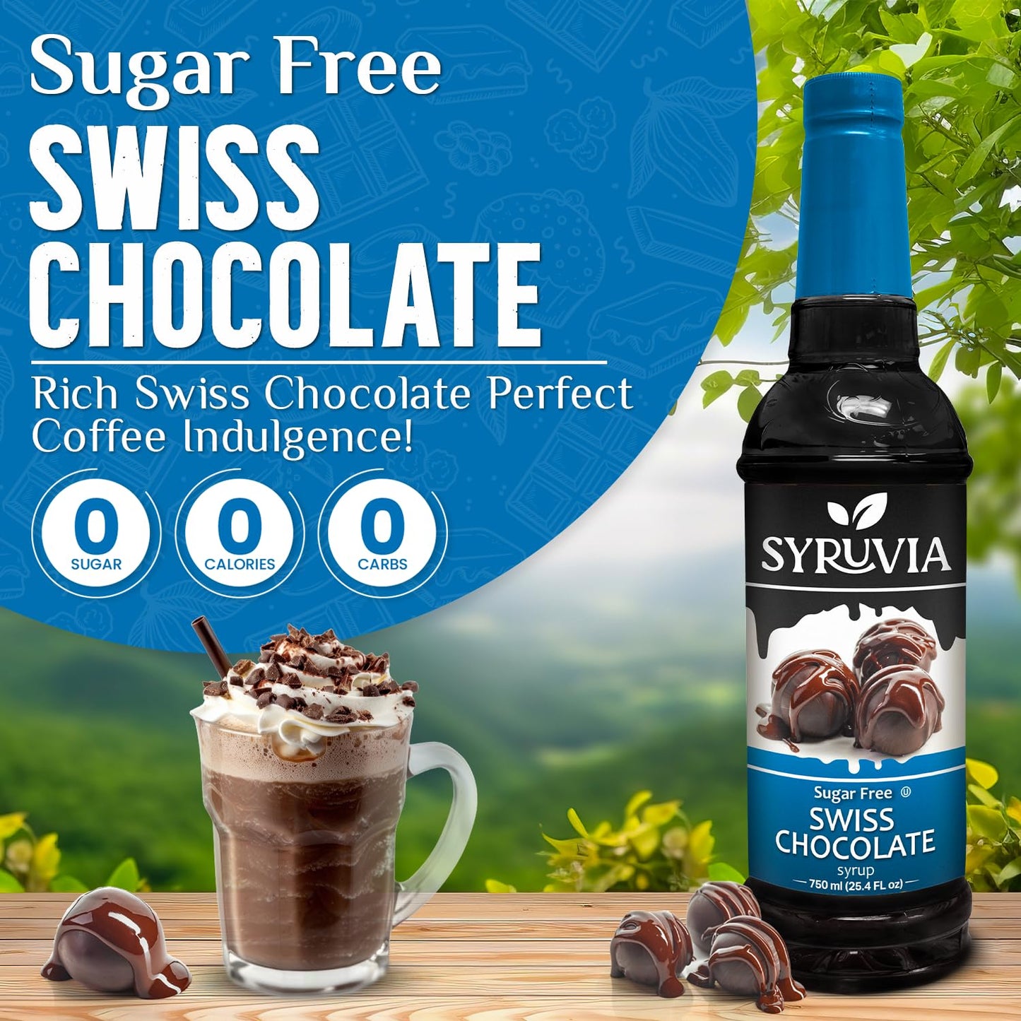 Syruvia Sugar Free Coffee Syrup, Swiss Chocolate Flavored Syrup for Drinks, Lattes, and Desserts – 25.4 fl oz