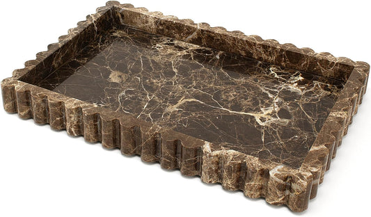 Natural Marble Tray for Bathroom, Real Stone Decorative Vanity Tray with Fluted Edge, Large Marble Serving Storage Tray for Kitchen Counter, Dresser, Home Decor, 11.8" x 8", Dark Brown