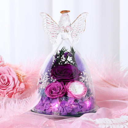 Christmas Rose Gifts for Women Preserved Real Flower in Glass Angel Figurines Roses for Delivery Prime Birthday Gifts for Mom Grandma Girlfriend Wife Her, Purple Austin Roses