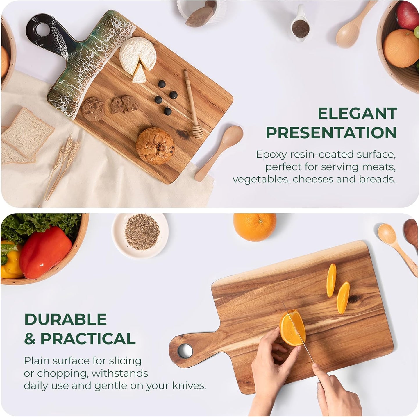 Acacia Wood Serving Board with Handle, 15" x 7.9" Dual-Sided Resin Art Tray for Display & Prep, Handcrafted Cutting Board, Includes Stand & Loofah, Christmas Housewarming Gift (Rectangular)