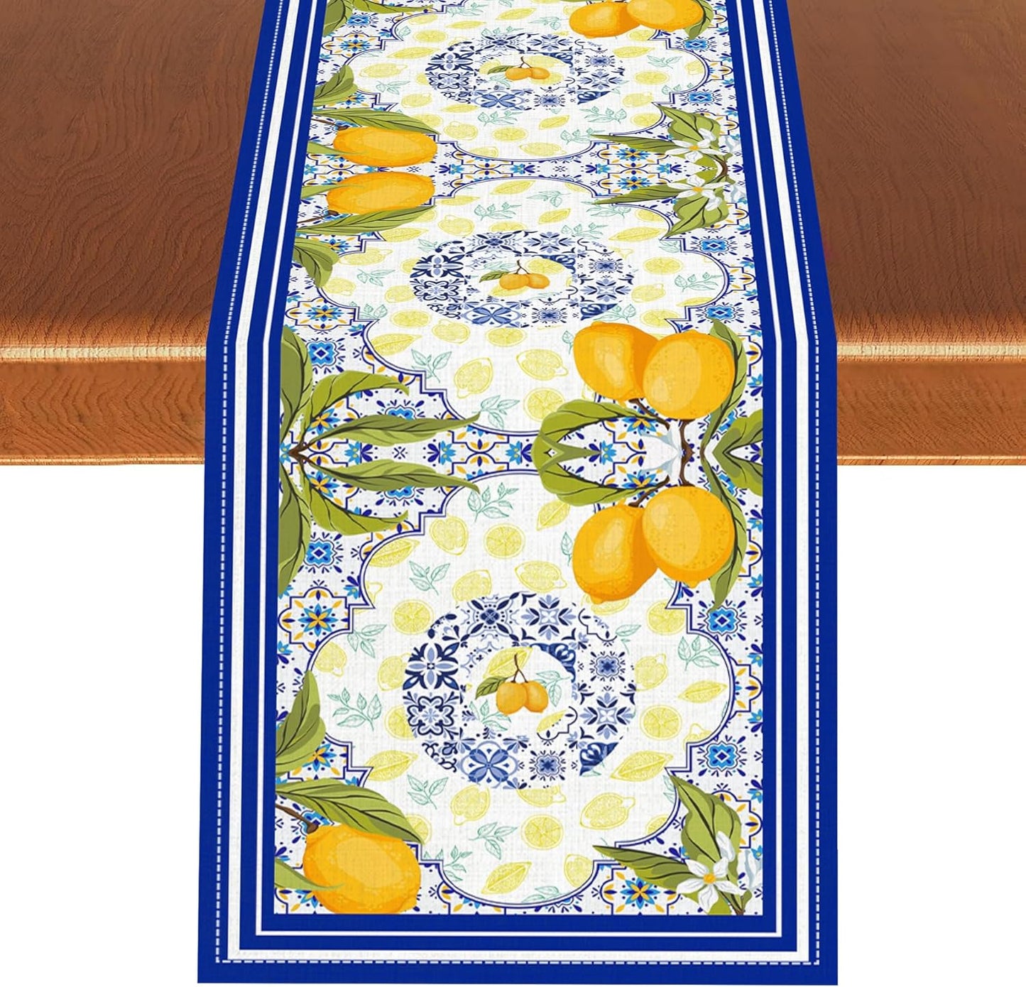 Lemon Tiles Table Runner, Summer Fruit Yellow Lemon Mediterranean Ceramic Watercolor Farmhouse Table Runner for Coffee Table Home Party Kitchen Dining Table Wedding Party Decor 13x72