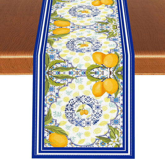 Lemon Tiles Table Runner, Summer Fruit Yellow Lemon Mediterranean Ceramic Watercolor Farmhouse Table Runner for Coffee Table Home Party Kitchen Dining Table Wedding Party Decor 13x72