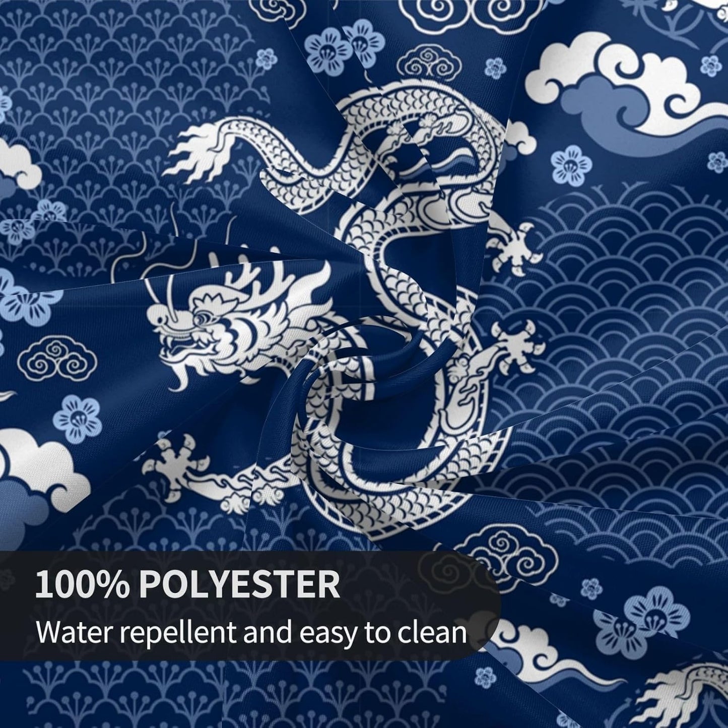 Japanese Tablecloth Round, Blue Traditional Zodiac Dragon Vintage Asian Style Oriental Water Resisitant Table Cover for Dining Kitchen Living Room Home Party Holiday Decor 60 inch Round