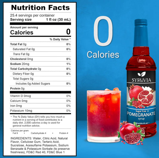Syruvia Sugar-Free Pomegranate Syrup, Flavored Syrup for Drinks, Cocktails, Lemonades, Iced Teas, and Desserts – 25.4 fl oz