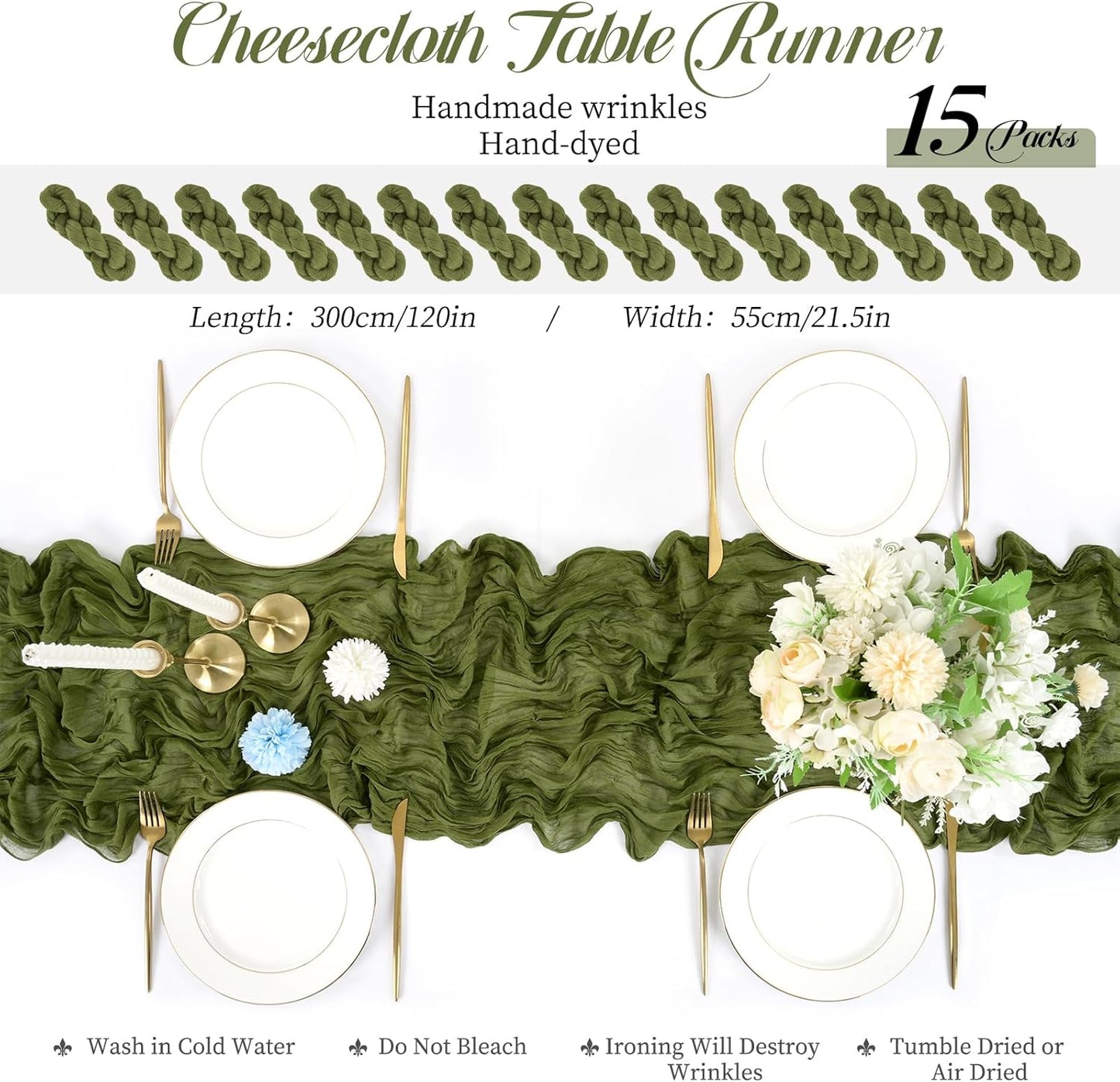 15 Packs Cheesecloth Table Runner Olive Green,10 Ft Dark Green Rustic Gauze Boho Wedding Table Runner Decoration,Wedding Table Decor Table Cloth for Wedding Party Bridal Shower Table,21.5x120in