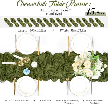 15 Packs Cheesecloth Table Runner Olive Green,10 Ft Dark Green Rustic Gauze Boho Wedding Table Runner Decoration,Wedding Table Decor Table Cloth for Wedding Party Bridal Shower Table,21.5x120in