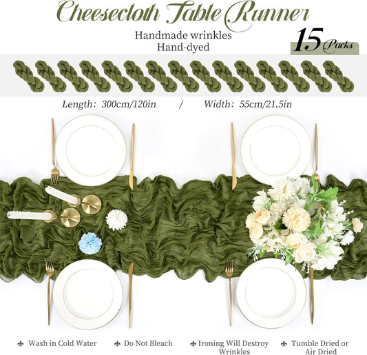 15 Packs Cheesecloth Table Runner Olive Green,10 Ft Dark Green Rustic Gauze Boho Wedding Table Runner Decoration,Wedding Table Decor Table Cloth for Wedding Party Bridal Shower Table,21.5x120in