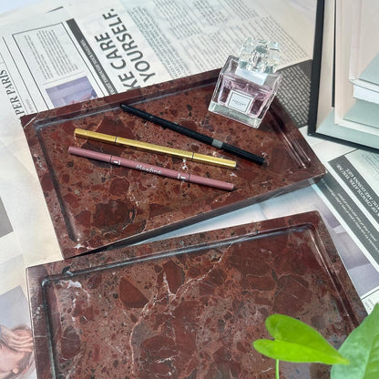 Natural Red Marble Vanity Tray, 9.8"x5.9" Genuine Marble Tray for Bathroom/Kitchen/Dresser (Rosso Levanto)
