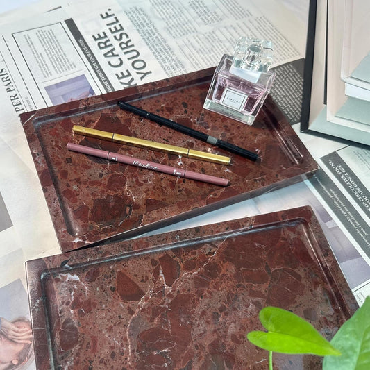 Natural Red Marble Vanity Tray, 9.8"x5.9" Genuine Marble Tray for Bathroom/Kitchen/Dresser (Rosso Levanto)