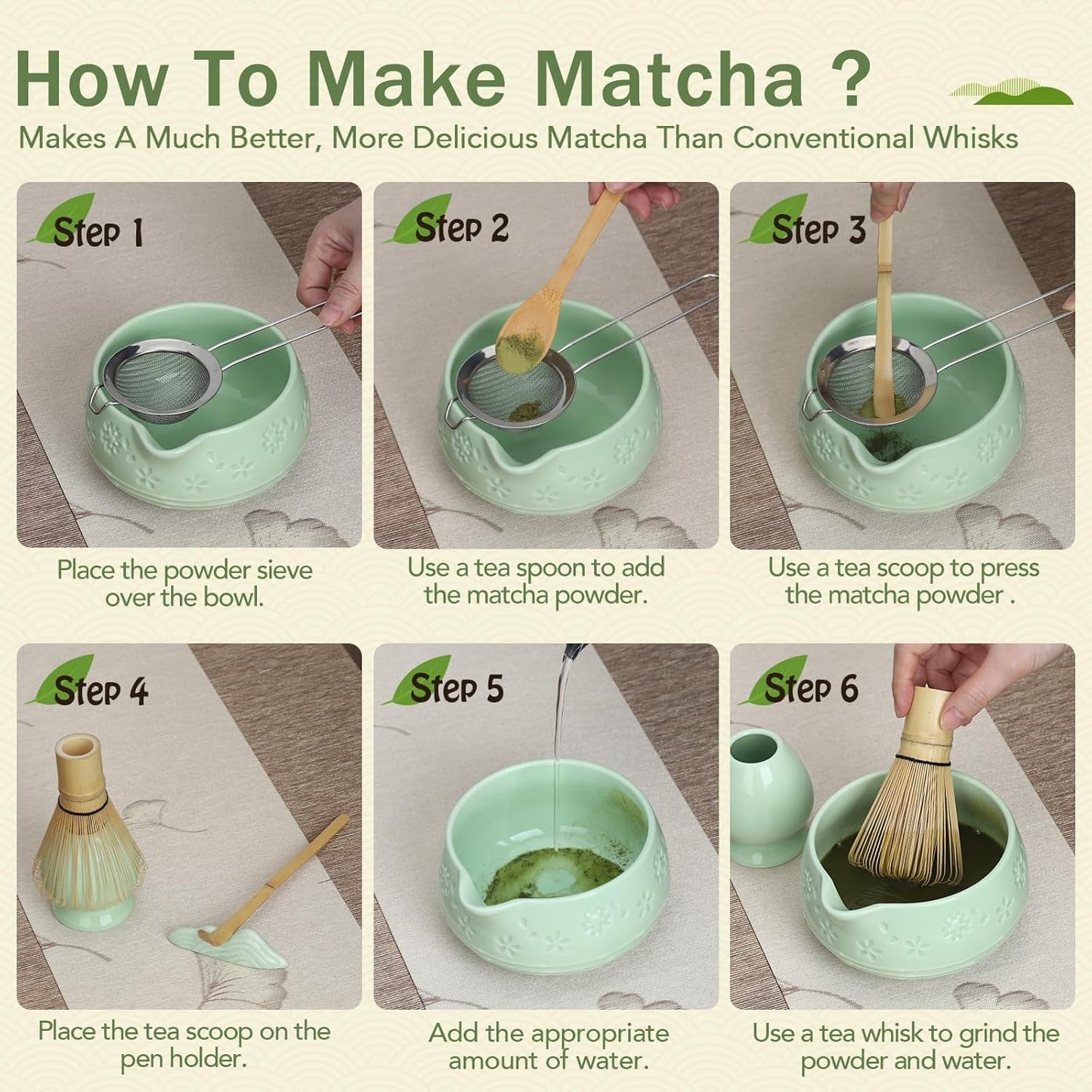 Matcha Whisk Set, Ceramic Bowl with Spout, Bamboo Matcha Whisk & Spoon, Chasen Holder, Scoop Rest, Sifter, 8-Pcs Japanese Matcha Powder Kit–Gift for Ceremony & Matcha Lovers-Mint