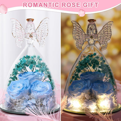 Christmas Rose Gifts for Women Preserved Real Flower in Glass Angel Figurines Roses for Delivery Prime Birthday Gifts for Mom Grandma Girlfriend Wife Her, Sky Blue White