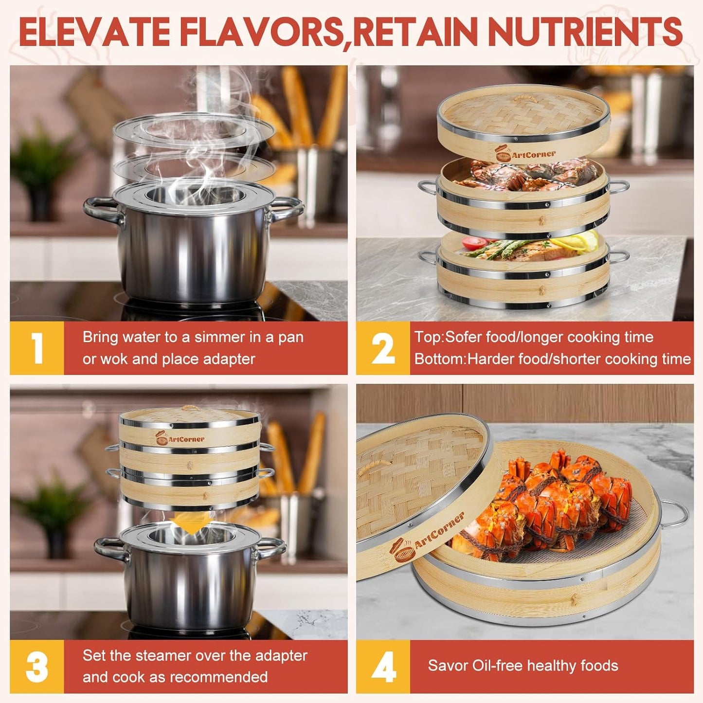 2-Tier Bamboo Steamer Basket Set 10 Inch with Reinforcement & Handle,Bamboo Steamer for Cooking,Dumpling Bun Dim Sum, Rice Potsticker Steaming Chinese Asian Food & Vegetables