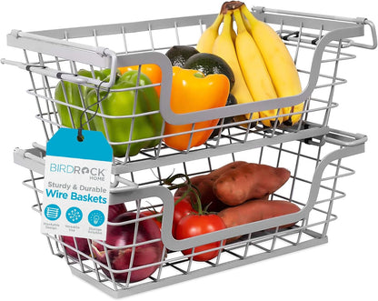 BIRDROCK HOME Wire Baskets - Set of 2 Stackable Hanging Bins - Wall Mount Shelf - Potato Onion Storage - Kitchen Pantry Organizer - Fruit Vegetable Snack Tier - Counter Cabinet Storage - Metal Baskets