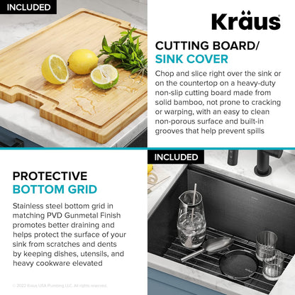 KRAUS Kore 21 Inch Undermount Workstation 16 Gauge Stainless Steel Single Bowl Kitchen Sink n PVD Gunmetal Finish with Accessories, KWU1101-21-PGM