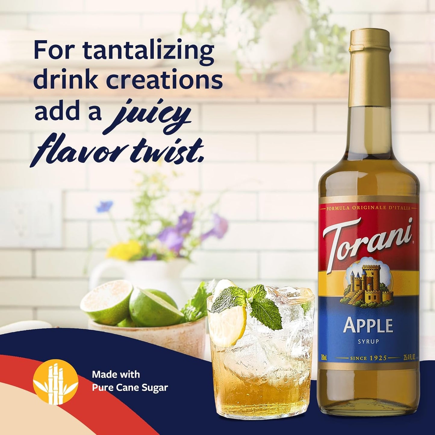 Torani Apple Syrup for Drinks, Flavoring for Iced Tea, Lemonade, Sodas, and Cocktails, Glass Bottle with Pump Included, 25.4 Fl Oz