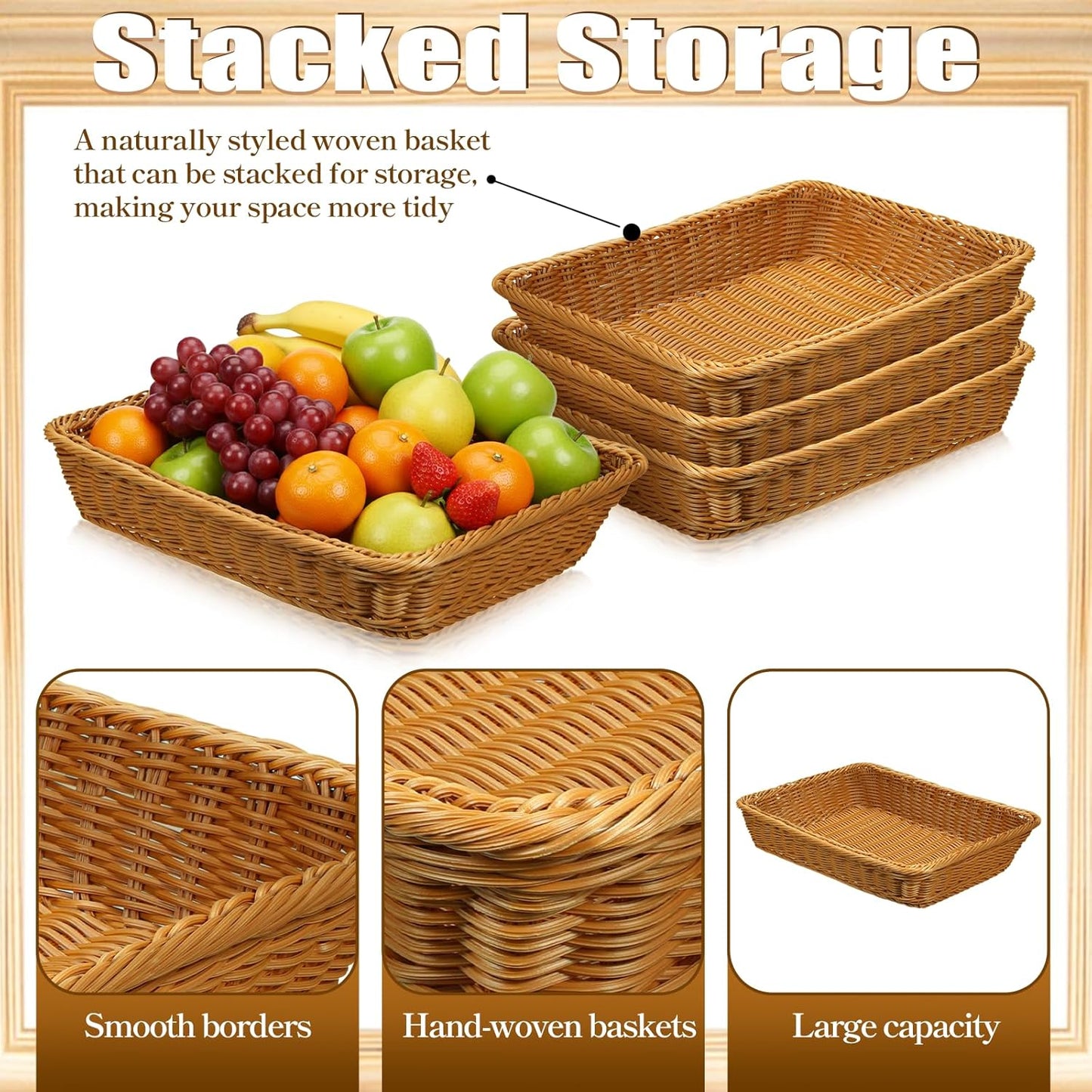 SHENLIU 4 Pack Wicker Bread Baskets 15.8 Inch Woven Serving Basket for Gifts, Fruit Baskets Food Serving Holders Rectangle Rattan Display Trays for Bread Food Vegetables Fruit Snacks Restaurant Home