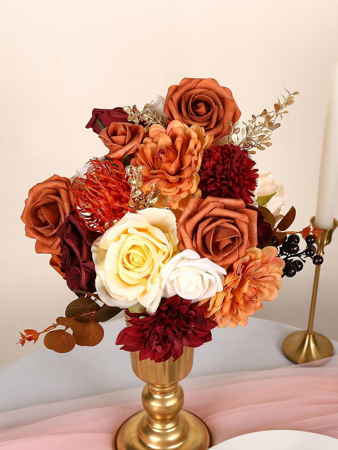 Artificial Flowers Combo Box for DIY Wedding Bouquet Arrangement, Silk Faux Flower for Bridal Table Centerpieces Party Cake Baby Shower（Orange & Burgundy）