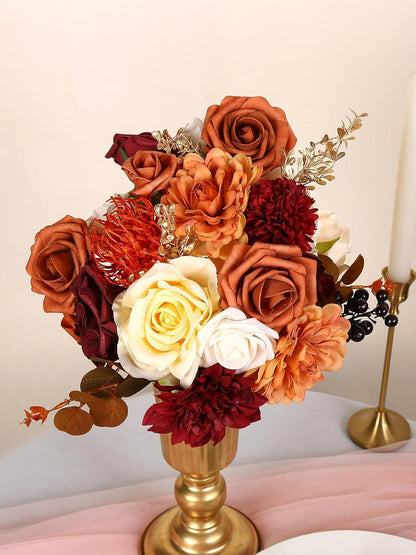 Artificial Flowers Combo Box for DIY Wedding Bouquet Arrangement, Silk Faux Flower for Bridal Table Centerpieces Party Cake Baby Shower（Orange & Burgundy）