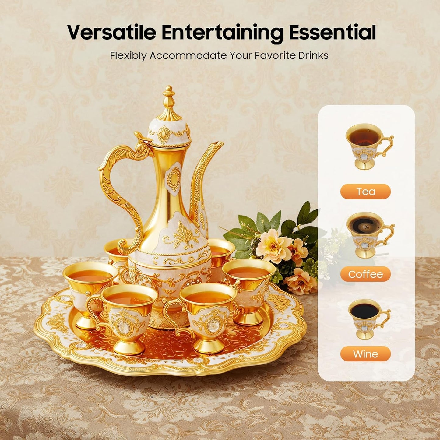 Vintage Turkish Coffee Pot Set with Tray & 6 Elegant Cups - Retro Exquisite Tea Service for Home Parties, Table Decor & Wedding Gifts (White and Gold)