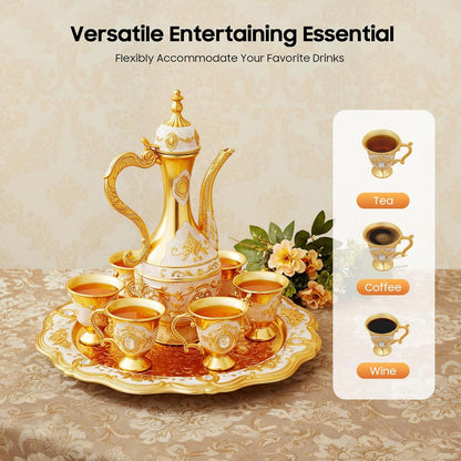 Vintage Turkish Coffee Pot Set with Tray & 6 Elegant Cups - Retro Exquisite Tea Service for Home Parties, Table Decor & Wedding Gifts (White and Gold)