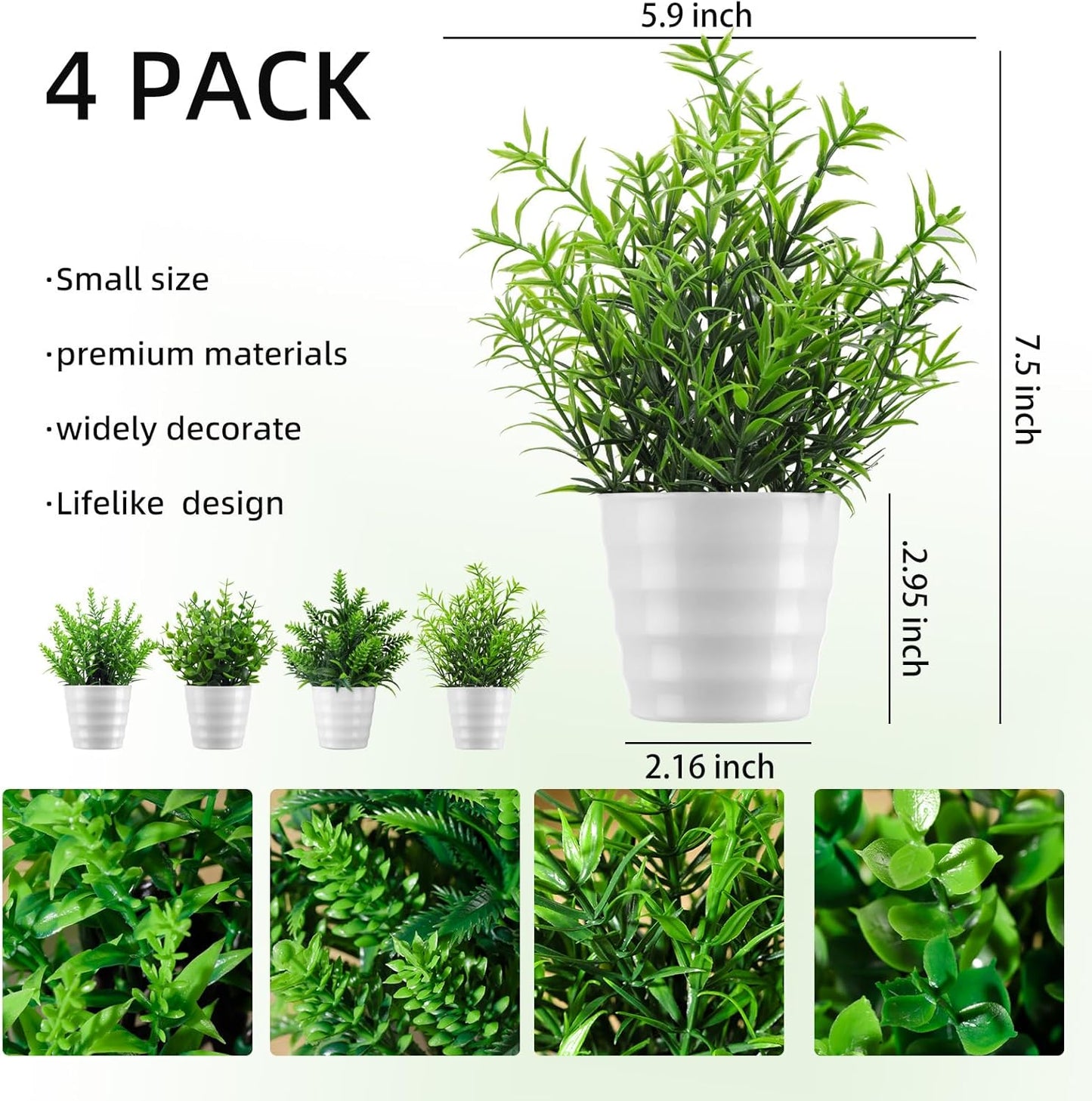 4 Pack Fake Plants Greenery Small Faux Plastic potted Plant Artificial Plants Indoor for Living Room Home Decor Modern Bathroom Kitchen Counter Office Desk Farmhouse Classroom Decor Camper Décor