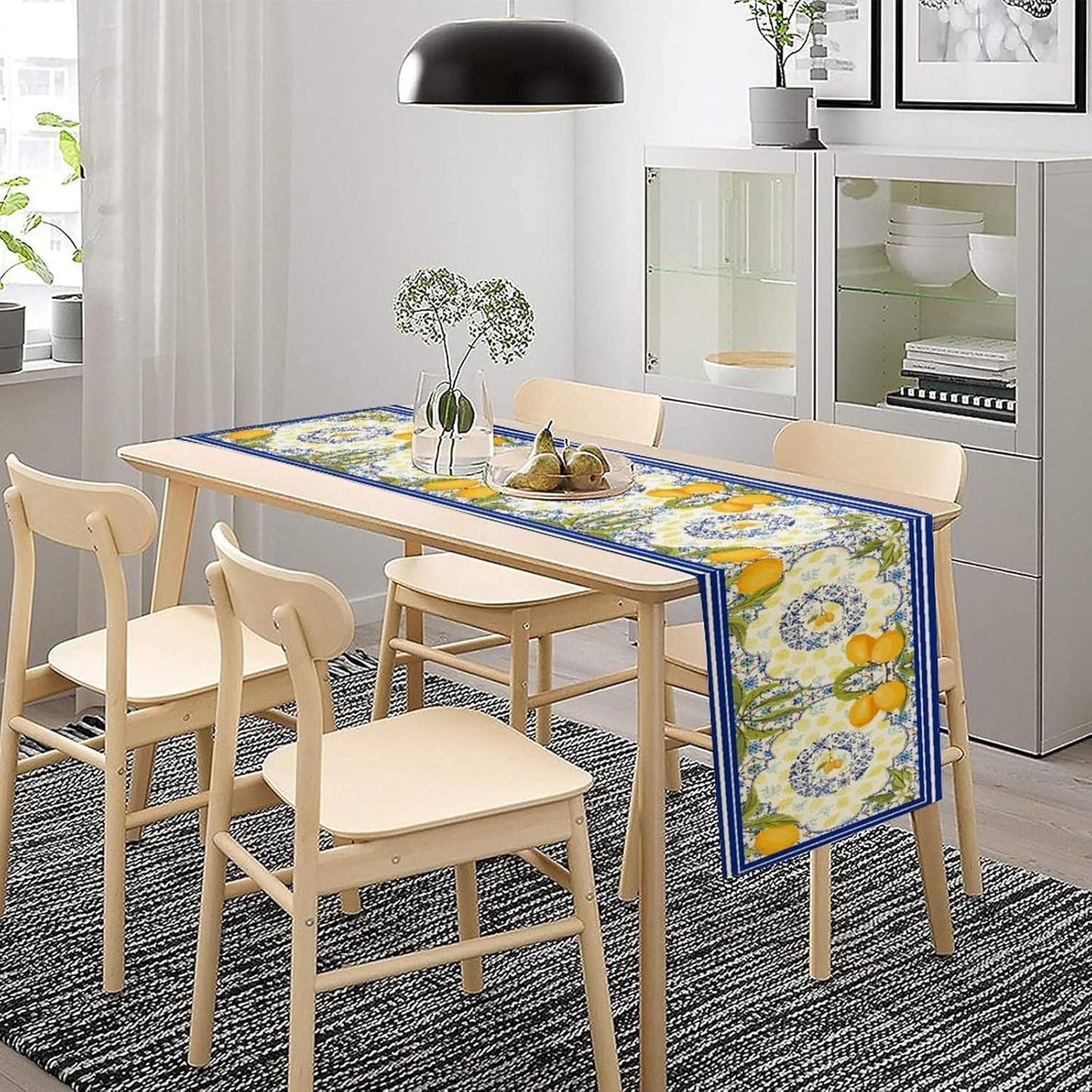 Lemon Tiles Table Runner, Summer Fruit Yellow Lemon Mediterranean Ceramic Watercolor Farmhouse Table Runner for Coffee Table Home Party Kitchen Dining Table Wedding Party Decor 13x72