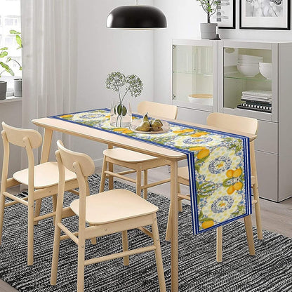 Lemon Tiles Table Runner, Summer Fruit Yellow Lemon Mediterranean Ceramic Watercolor Farmhouse Table Runner for Coffee Table Home Party Kitchen Dining Table Wedding Party Decor 13x72