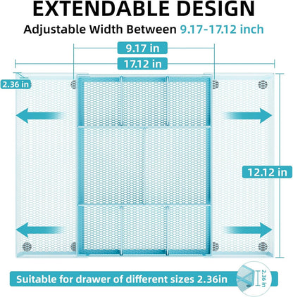 Marbrasse Expandable Desk Drawer Organizer, Mesh Drawer Organizer Tray with 10 Adjustable Compartments, Desk Organizers and Accessories for Office Supplies, Makeup & Vanity (Expandable-Blue)