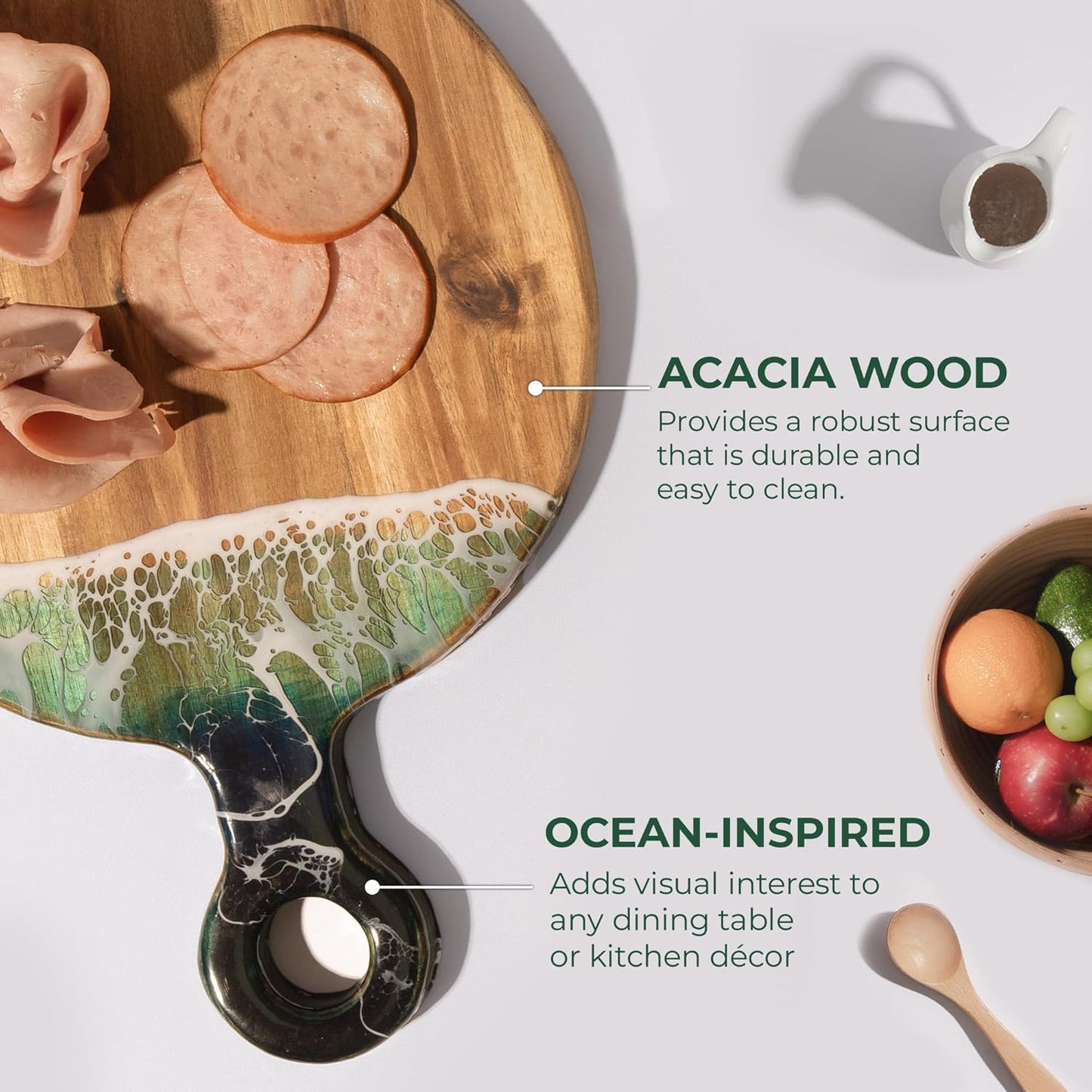 Acacia Wood Serving Board with Ocean Resin Art, 14.6" x 10.2" Charcuterie Cheese Tray for Display & Prep, Cutting Board on Back, Includes Stand & Loofah, Christmas Housewarming Gift (Round)