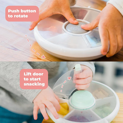 GoBe Kids Small Snack Spinner Flip Bundle with Hand Strap and Sticker Sheet - Reusable Snack Container with 5 Compartment Dispenser and Lid | BPA/PVC Free | Dishwasher Safe | No Spill - Coral Pink