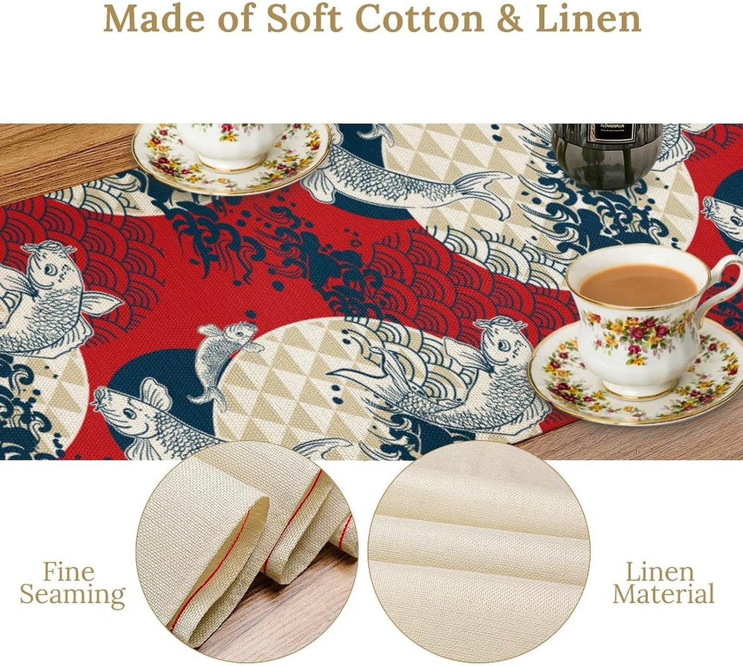 Japanese Kio Fish Table Runner, Line Art Colorful Janan Style Oriental Table Runner for Kitchen Study Living Room Home Bedroom, Red and Blue, 13x108 Inch