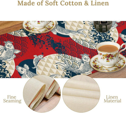 Japanese Kio Fish Table Runner, Line Art Colorful Janan Style Oriental Table Runner for Kitchen Study Living Room Home Bedroom, Red and Blue, 13x108 Inch