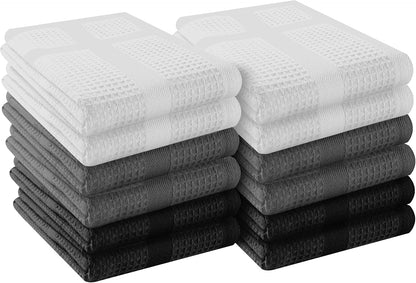 12 Pack Multi Color Waffle Weave Kitchen Towels, 16x26 Inch, 100% Cotton, Super Absorbent, Quick Dry, Hand Towels for Drying Dishes, Cleaning, Durable - White, Grey, Black