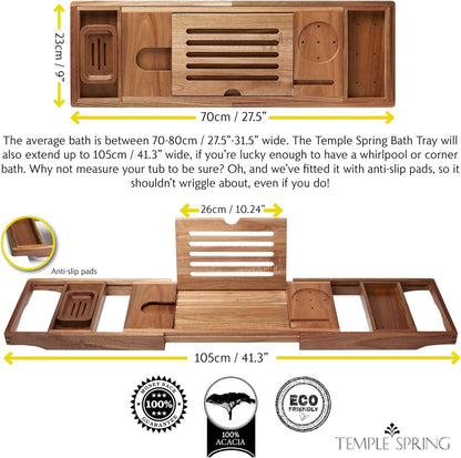 Temple Spring Wooden Bathtub Tray, Acacia Bathroom Accessories, Bath Tray for Tub, at Home Spa Essentials, Board for Tub Table, Bath Caddy for Bathtub Accessories & Bathroom Essentials - Not Teak
