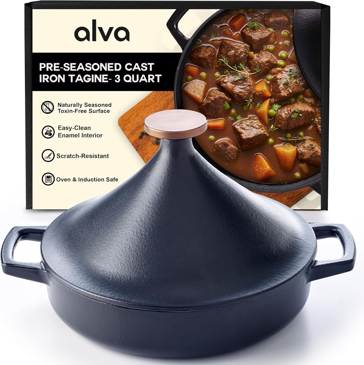Alva Nori 3-Qt Enameled Cast Iron Tagine – Made With No PTFE, PFOA, PFAS, Oven & Induction Safe – 3-Layer Enamel, No Seasoning Needed – Moroccan-Style Dutch Oven for Braising, Stewing & Roasting, Black