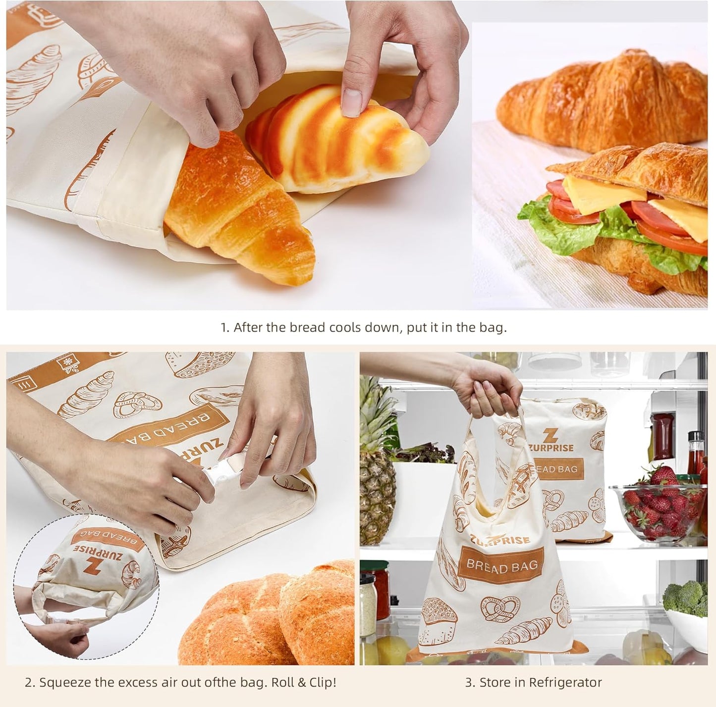 Beeswax Bread Bags for Sourdough Storage, 2 Pack Reusable Cotton Linen Bags, Easy to Clean, Zero-Waste Homemade